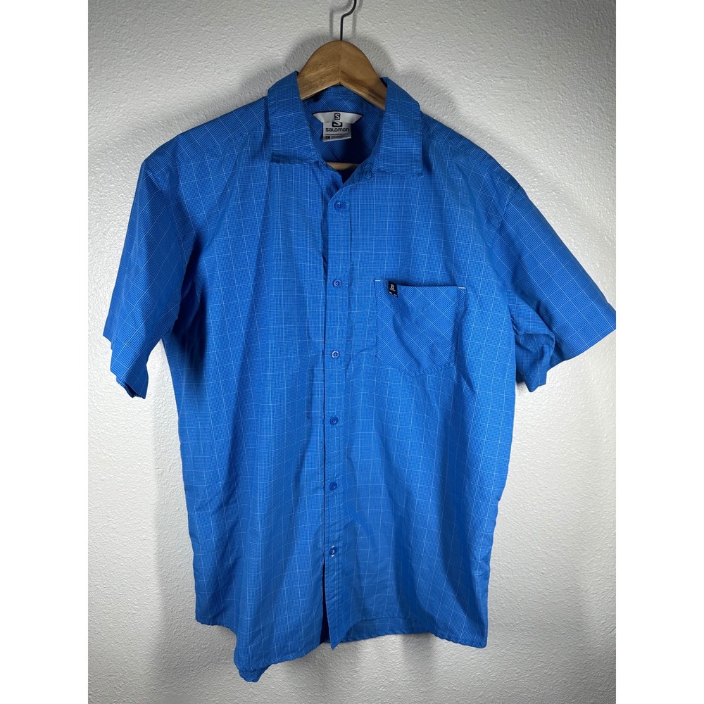 Salomon Button Up Shirt Mens Large Blue Grid Hiking Short Sleeve Outdoor